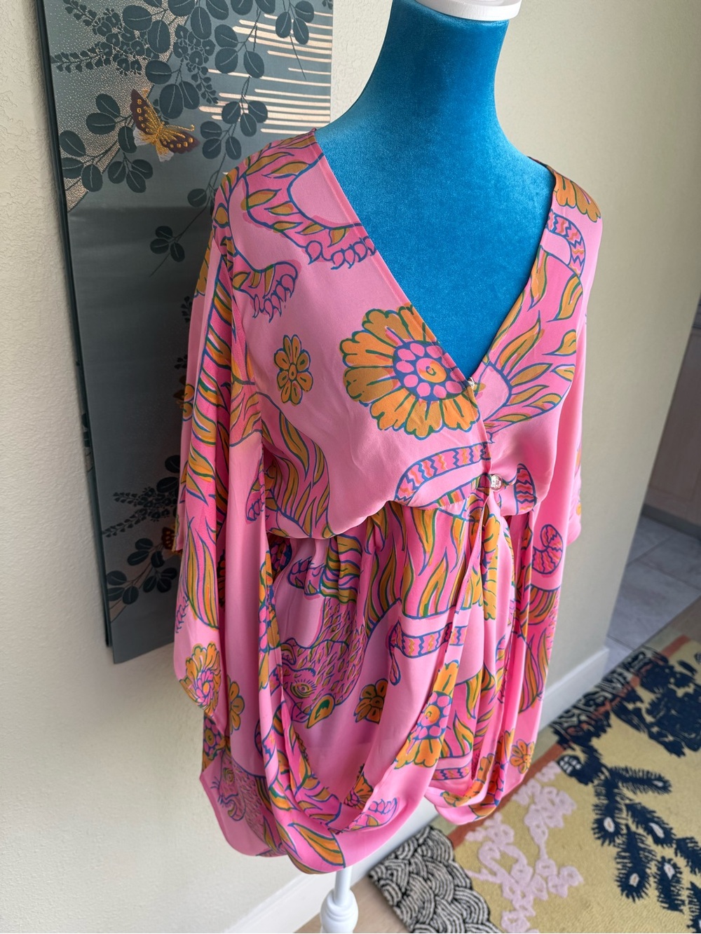 RARE Jules Reid Pink Silk Tiger Print Boho V-Neck Blouse with flowing sleeves